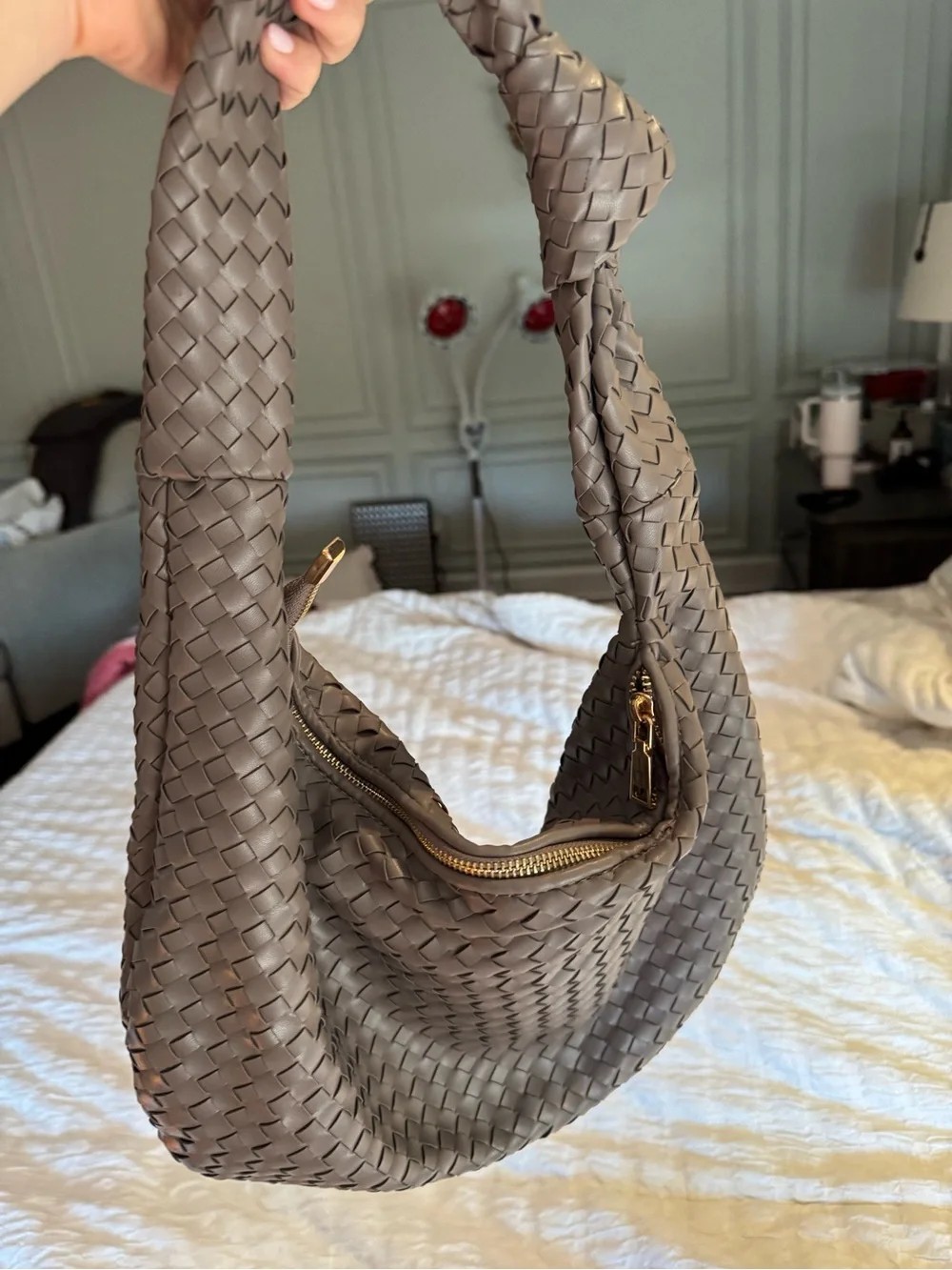 Woven Hobo Shoulder Bag in Taupe